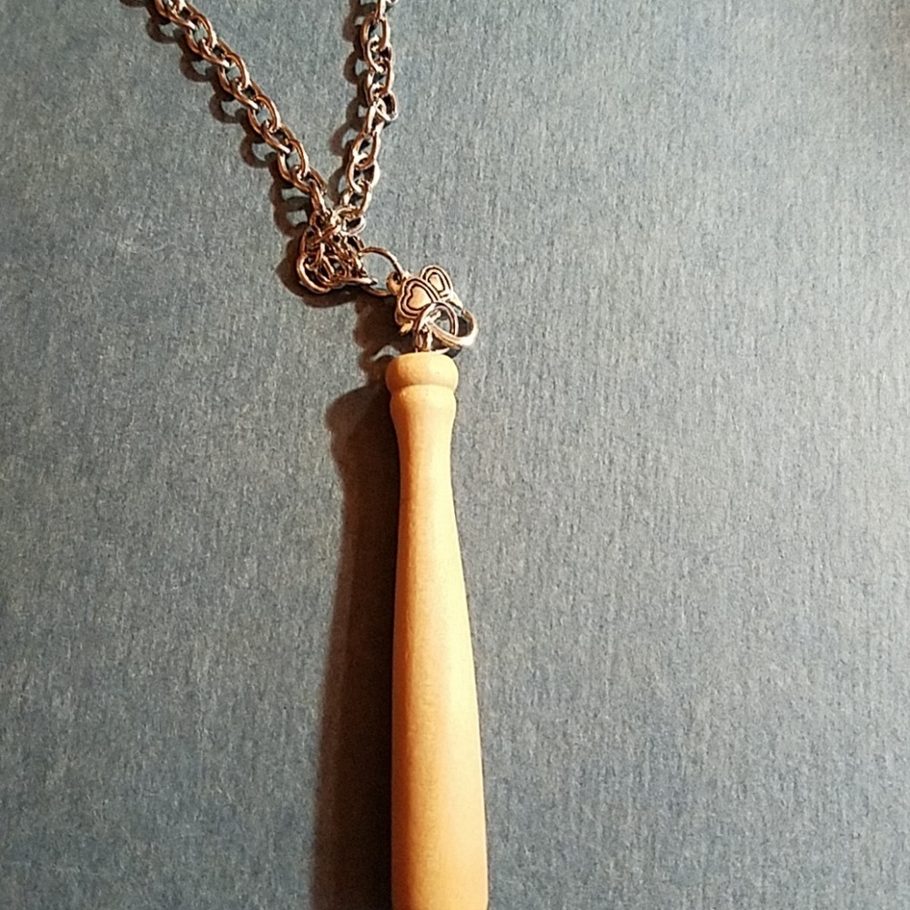 Baseball Bat 3" Wooden Pewter Silver 36" Chain Necklace